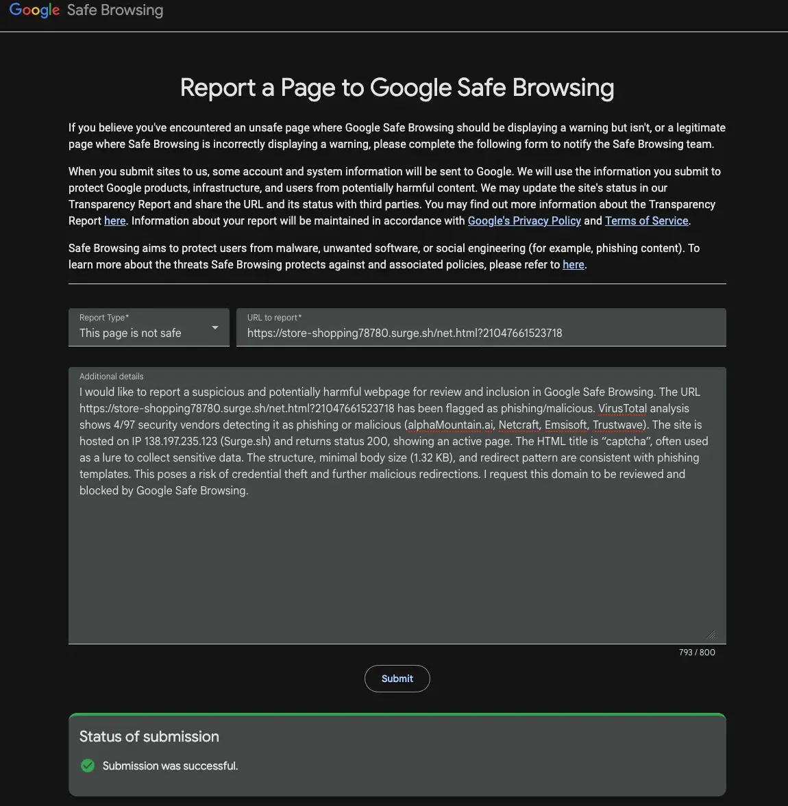 Report a Page to Google Safe Browsing