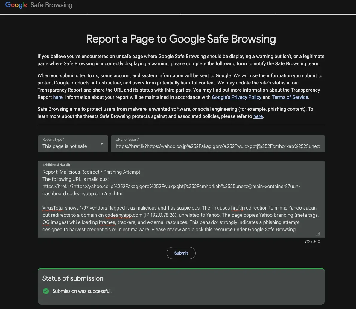 Report a Page to Google Safe Browsing